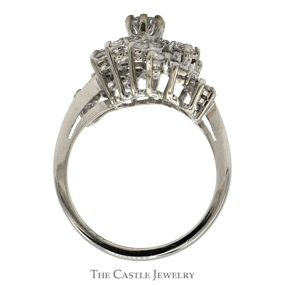 1cttw Swirled Diamond Cluster Ring in 14k White Gold