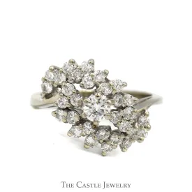 1cttw Swirled Diamond Cluster Ring in 14k White Gold