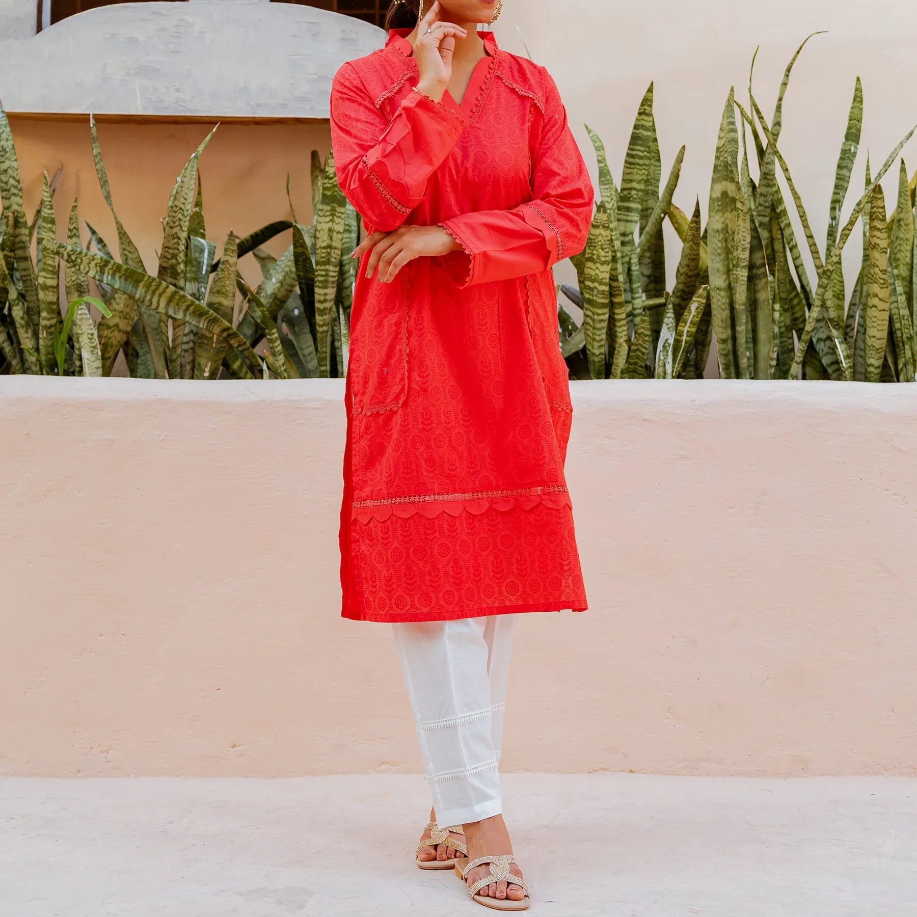 1PC- Cambric Solid Shirt With Lace PS3309