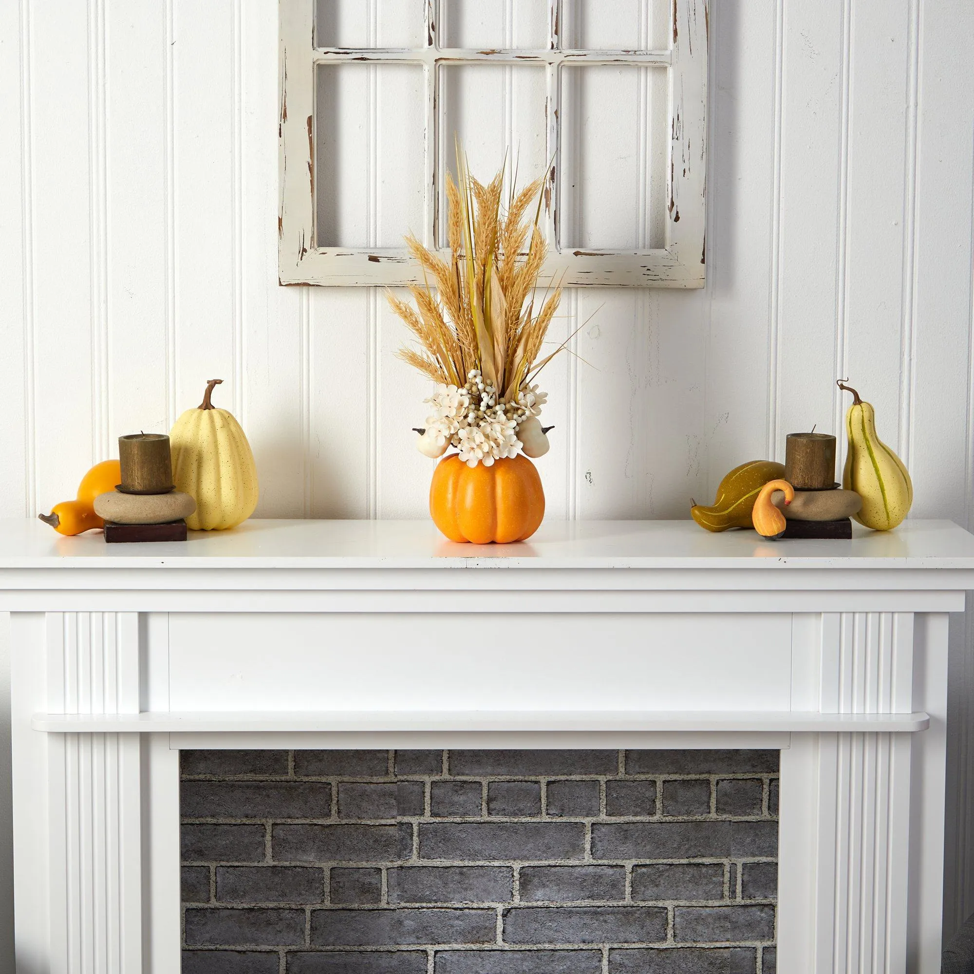 21” Autumn Dried Wheat and Pumpkin Artificial Fall Arrangement in Decorative Pumpkin Vase by Nearly Natural
