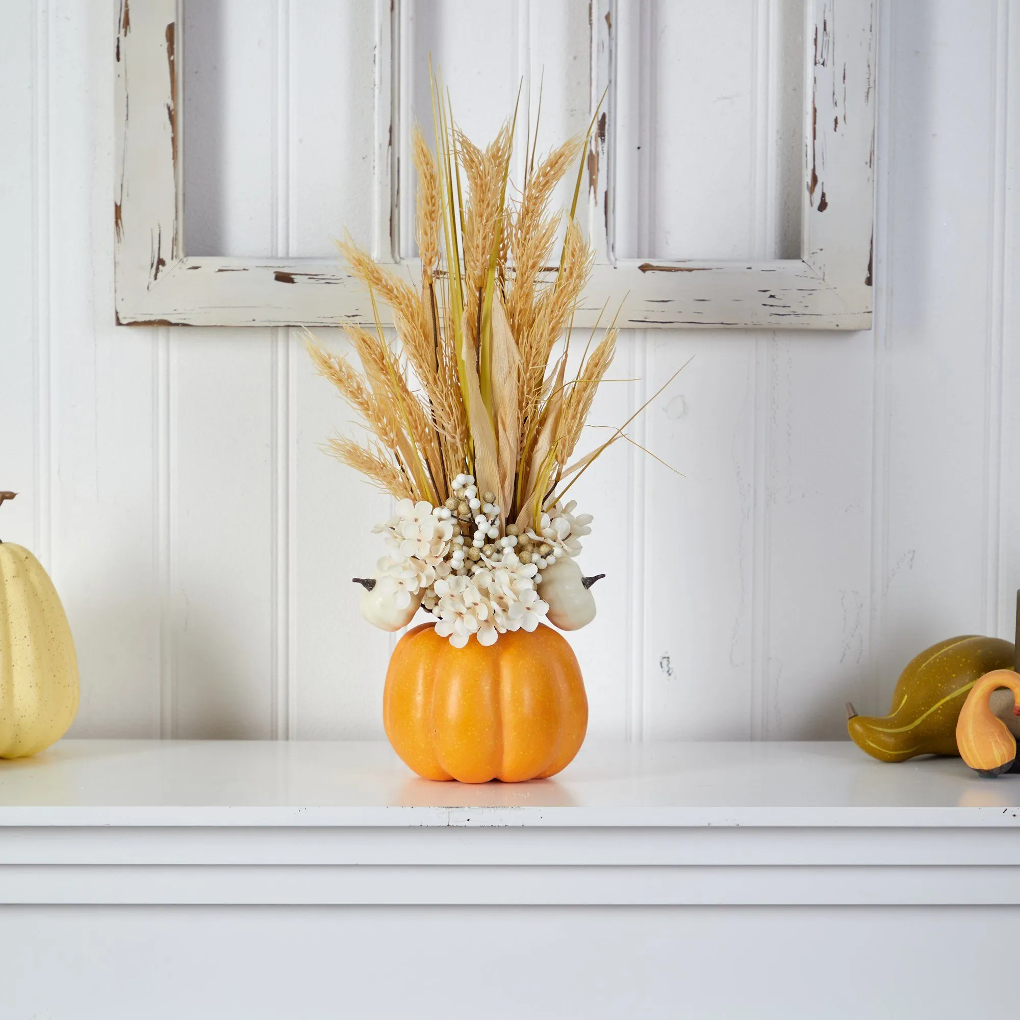 21” Autumn Dried Wheat and Pumpkin Artificial Fall Arrangement in Decorative Pumpkin Vase by Nearly Natural