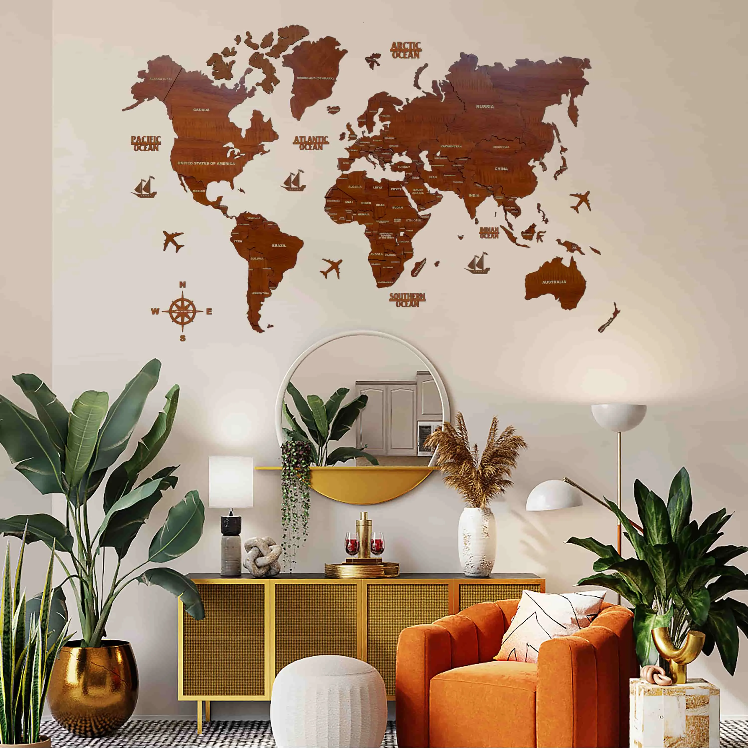 3D Brown Wooden World Map for wall