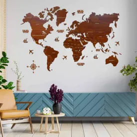 3D Brown Wooden World Map for wall