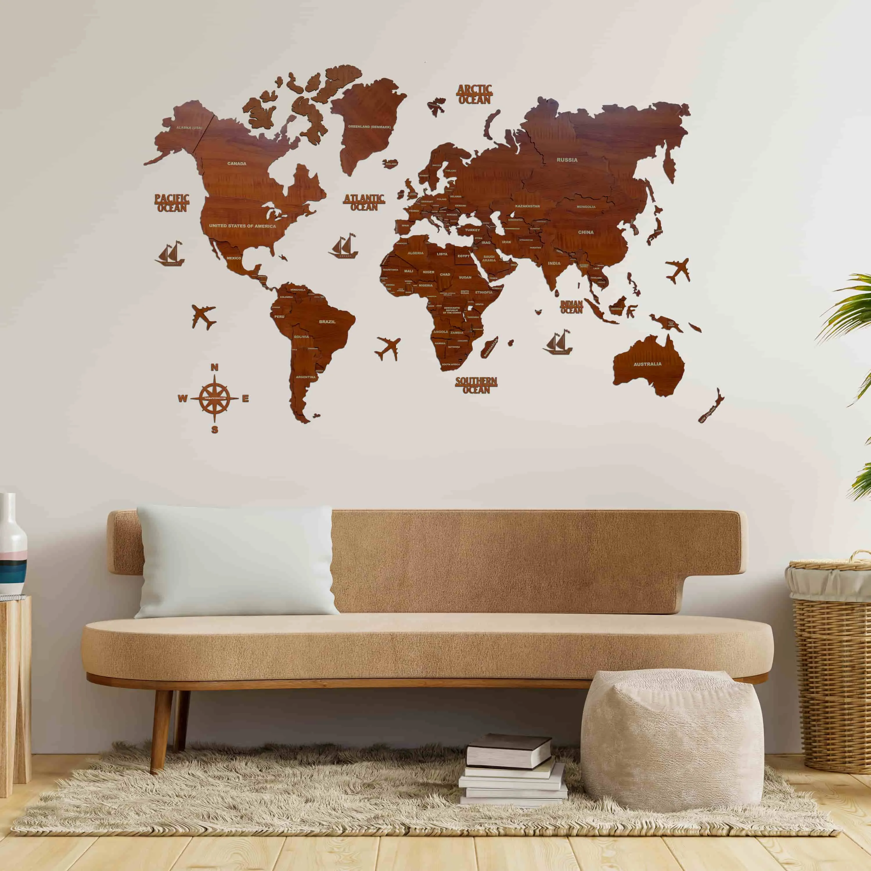 3D Brown Wooden World Map for wall
