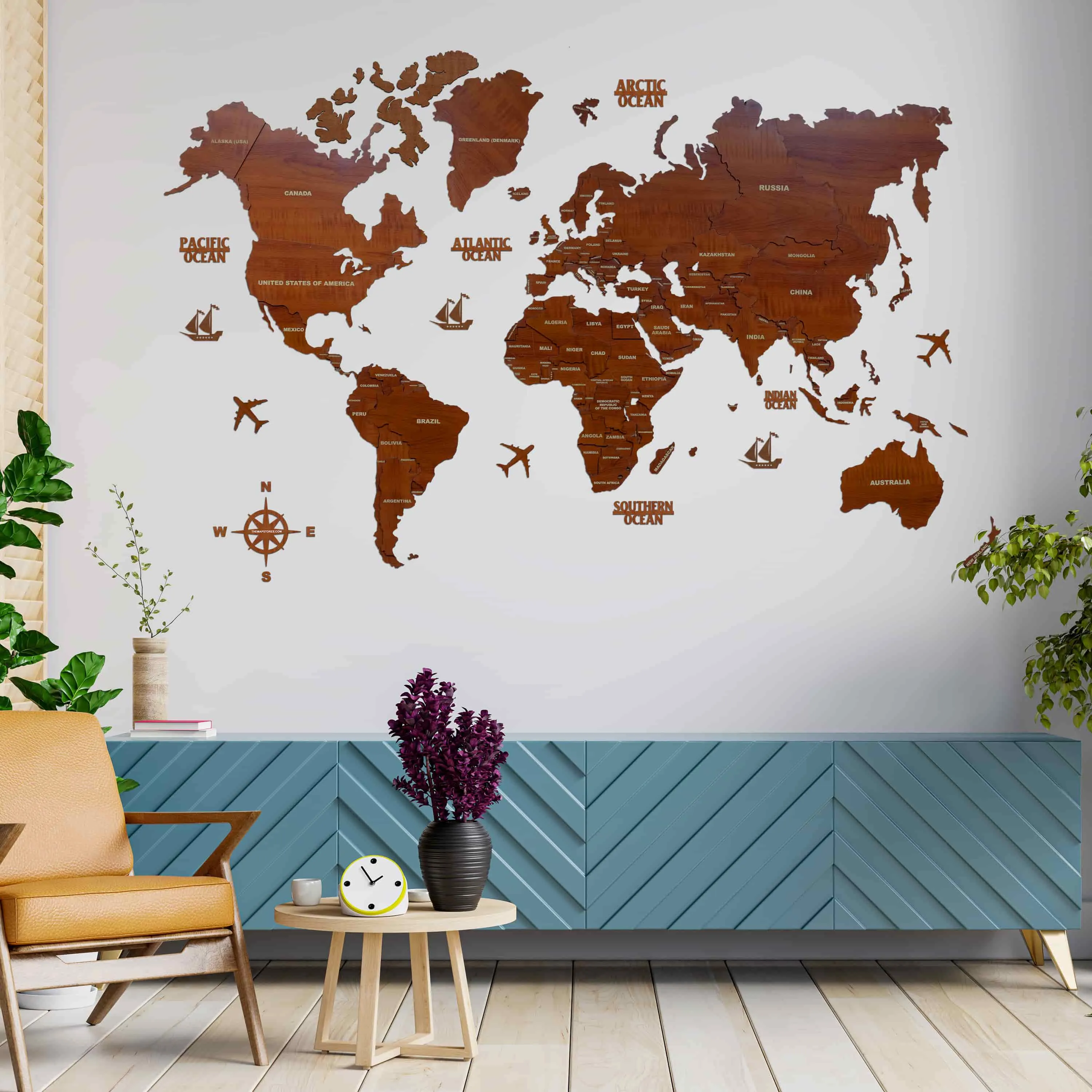 3D Brown Wooden World Map for wall