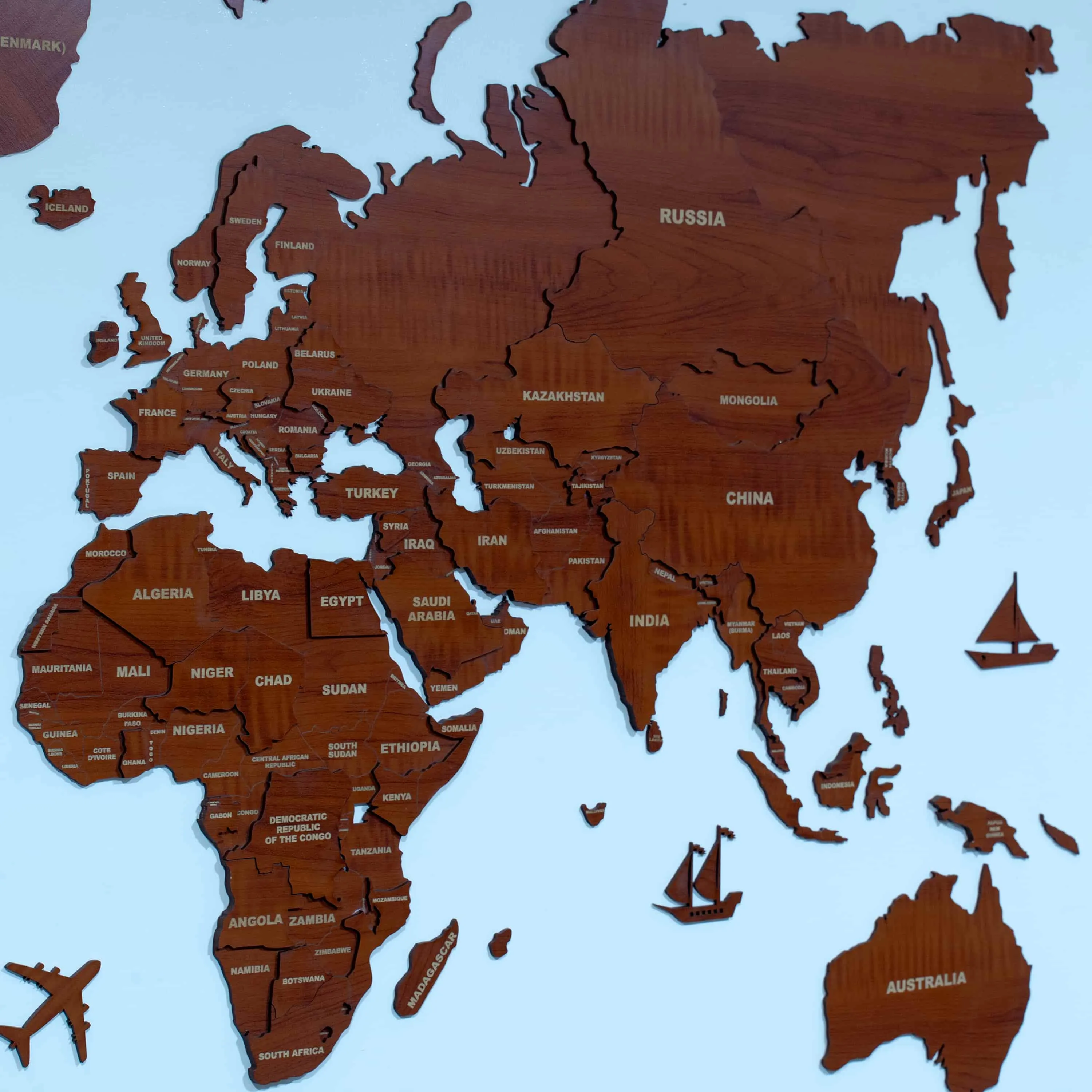 3D Brown Wooden World Map for wall