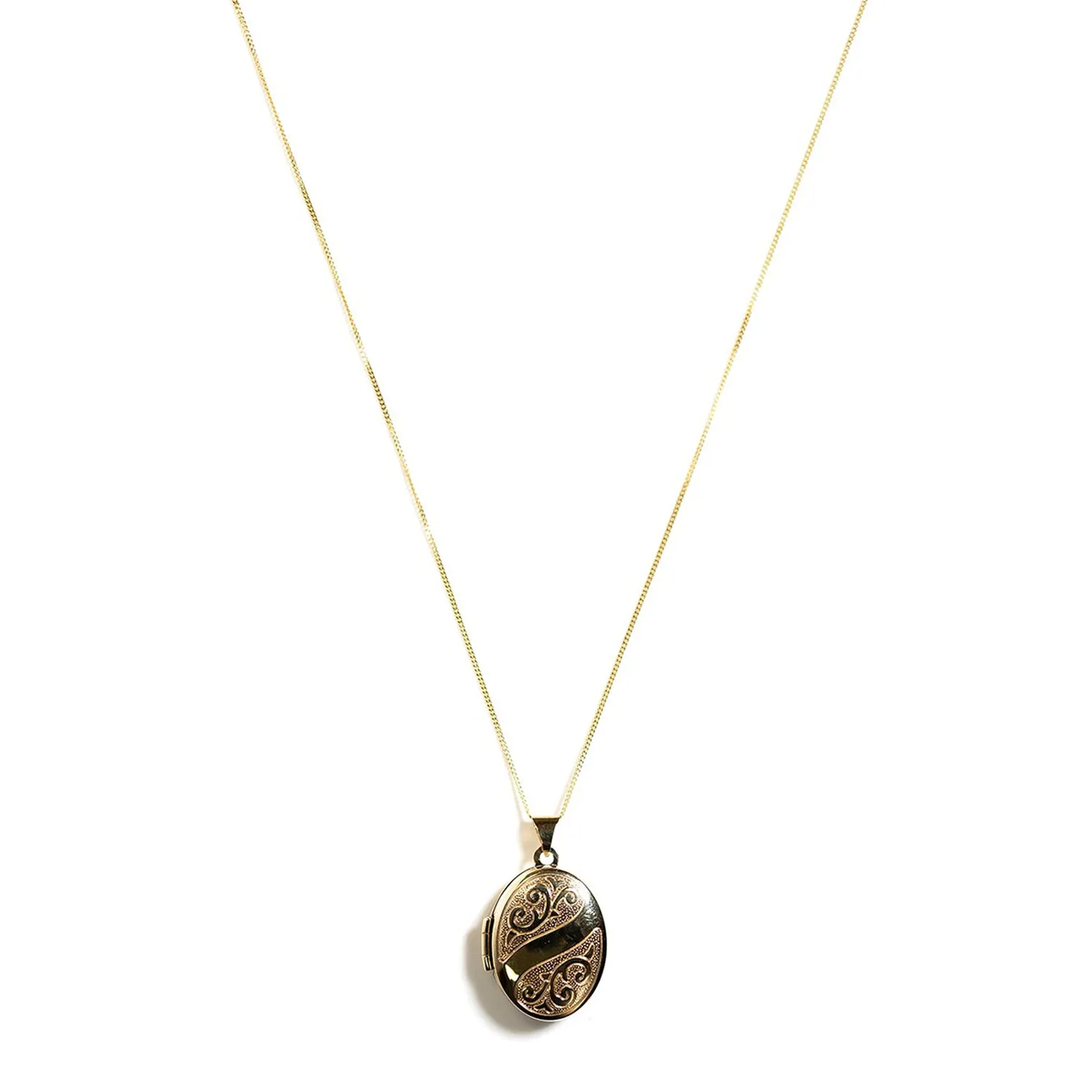 9 Carat Gold Engraved Oval Locket Pendant Necklace, Yellow Gold