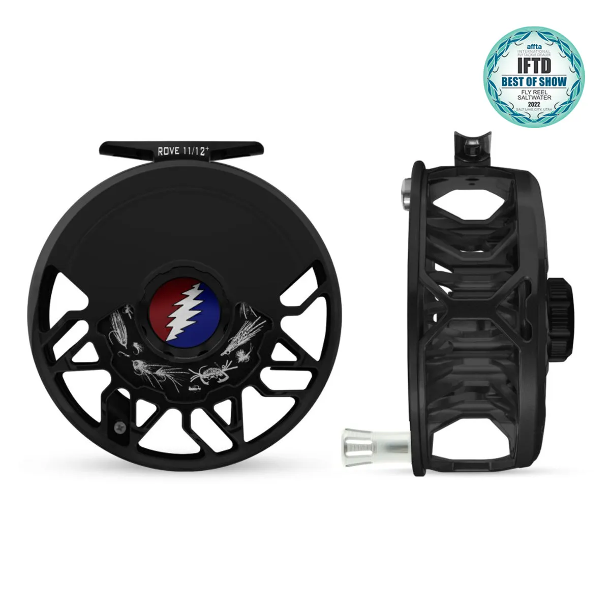 Abel ROVE Reel 11/12  Black, Grateful Dead Lightning Bolt Drag Knob with Platinum Handle
