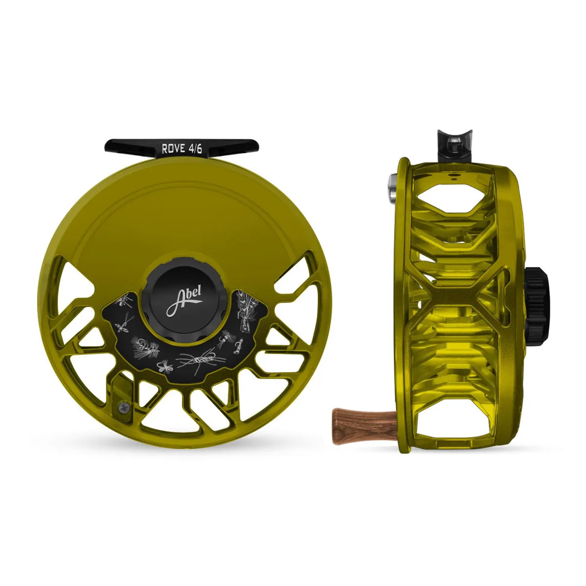Abel ROVE Reel 4/6 Olive, Gloss Black Drag Knob and Freshwater Flies Engraving with Walnut Handle