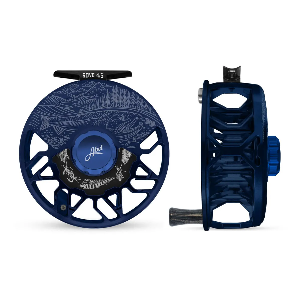 Abel ROVE Reel 4/6 Satin Deep Blue, Underwood Swing and Saltwater Flies Engraving with Ebony Handle