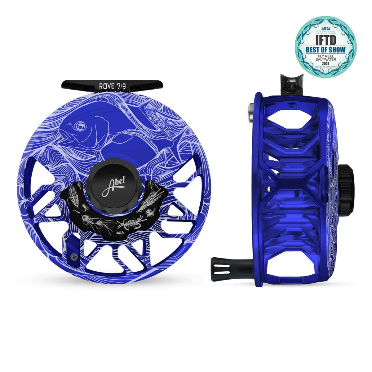 Abel ROVE Reel 7/9 Blue III, Gloss Black Drag Knob, Larko Permit Engraving, Saltwater Flies Engraving with Black Handle