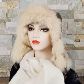 Beige Fox Fur Aviator Hat, Antique Brown Leather - Simon Model