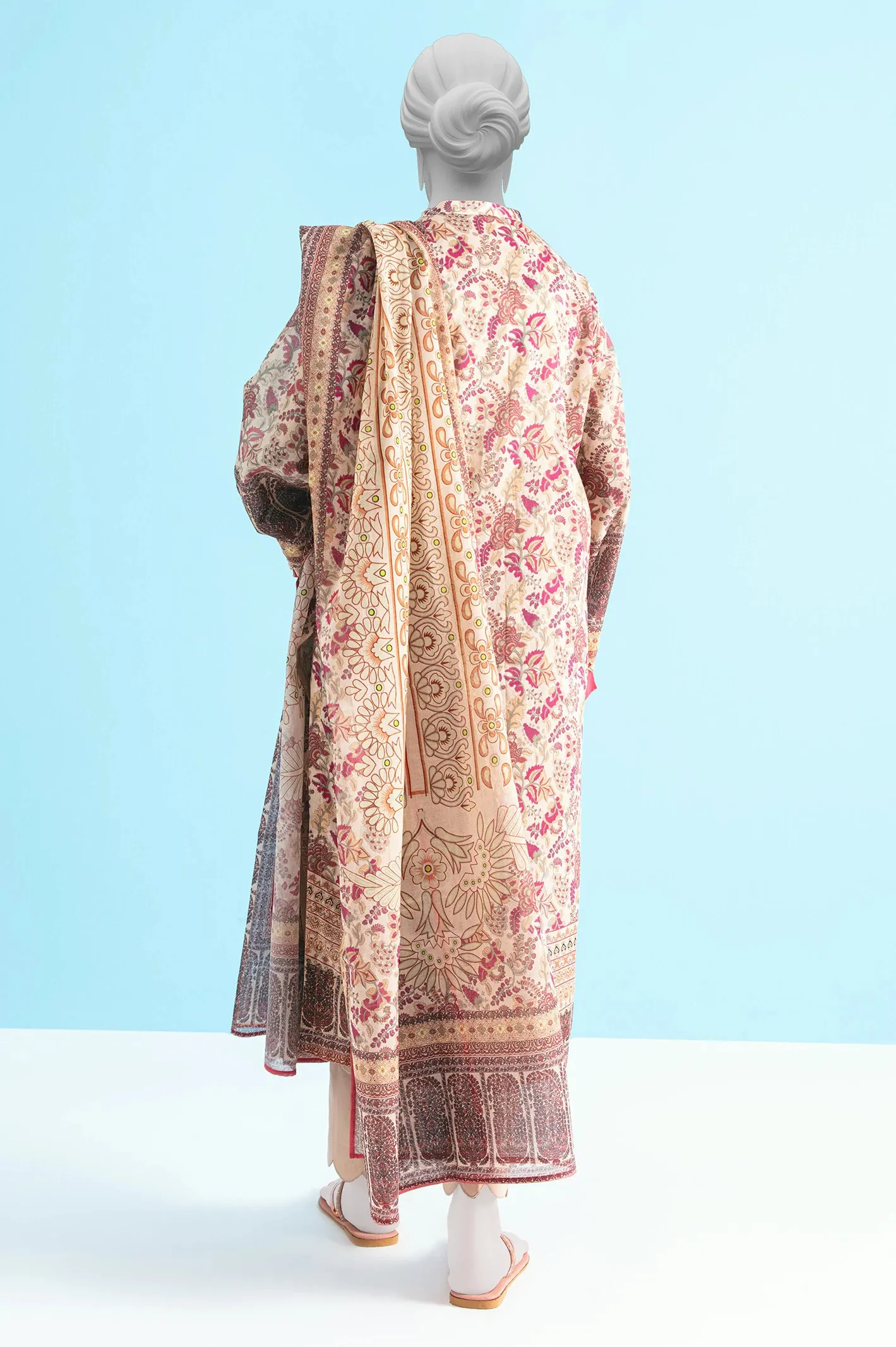 Beige Printed Unstitched Kurti With Dupatta