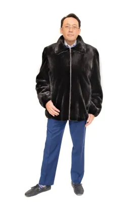 Black Sheared Mink Fur Stroller Reversible to Leather with Detachable Hood
