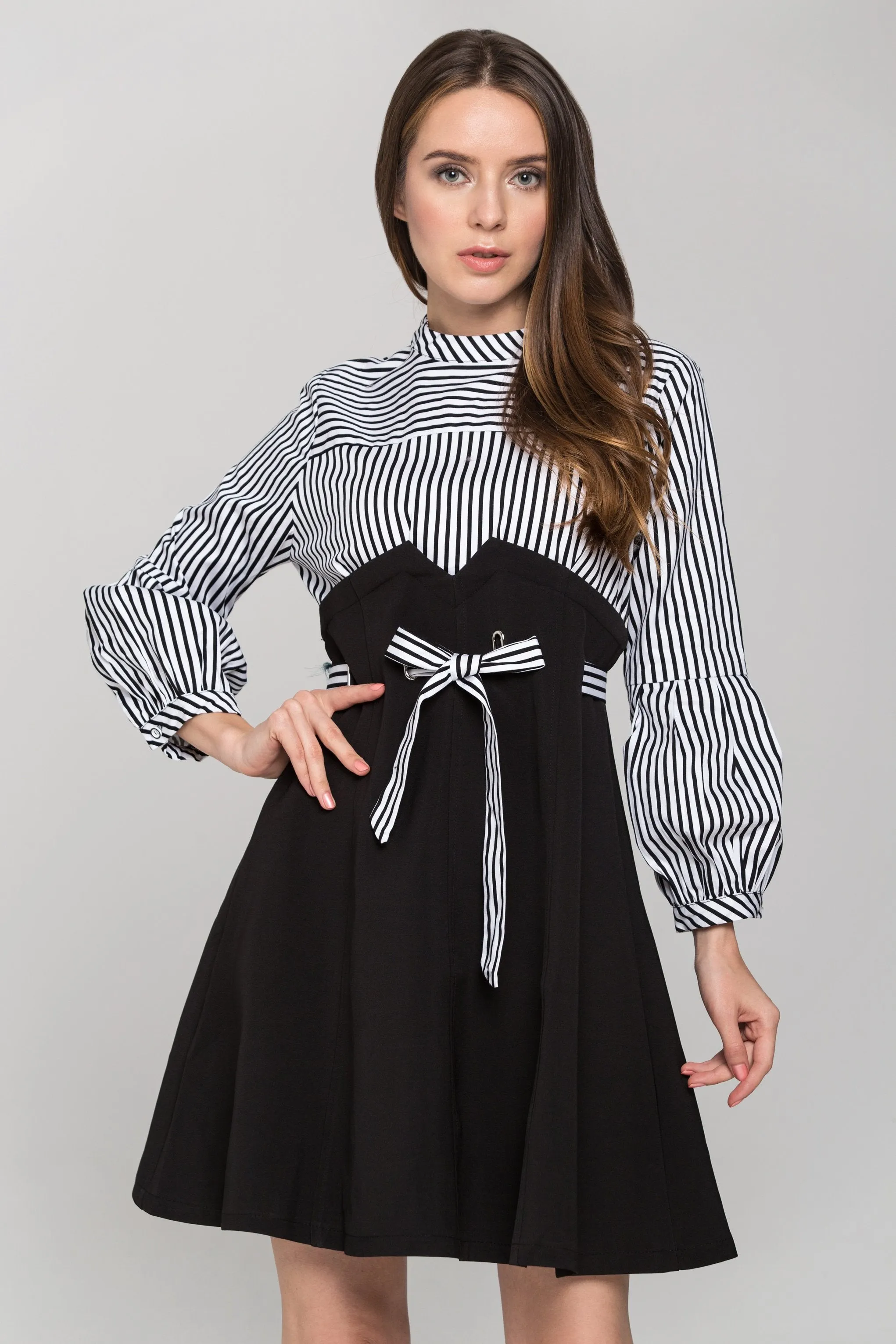 Blue and White Stripe Ring Lace Waist Midi Dress