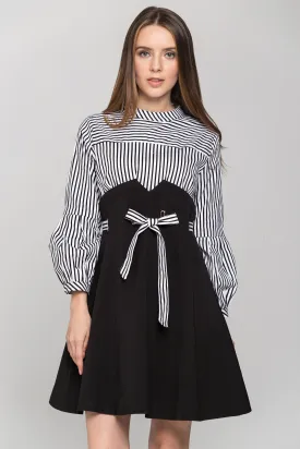 Blue and White Stripe Ring Lace Waist Midi Dress