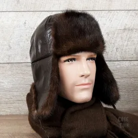 Brown Mink Fur Aviator Hat, Brown Leather - Charles Model