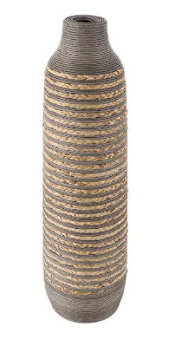 BROWN SEAGRASS HANDMADE BRAIDED VASE WITH LAYERED GRAY PANELING, 9" X 9" X 32"