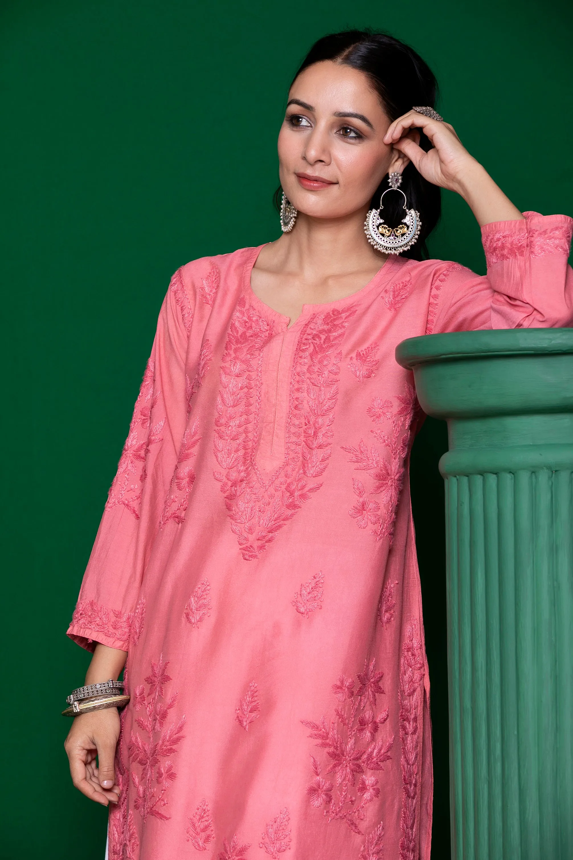 Chanderi Chikankari Solid Women's Long Kurta - Pink