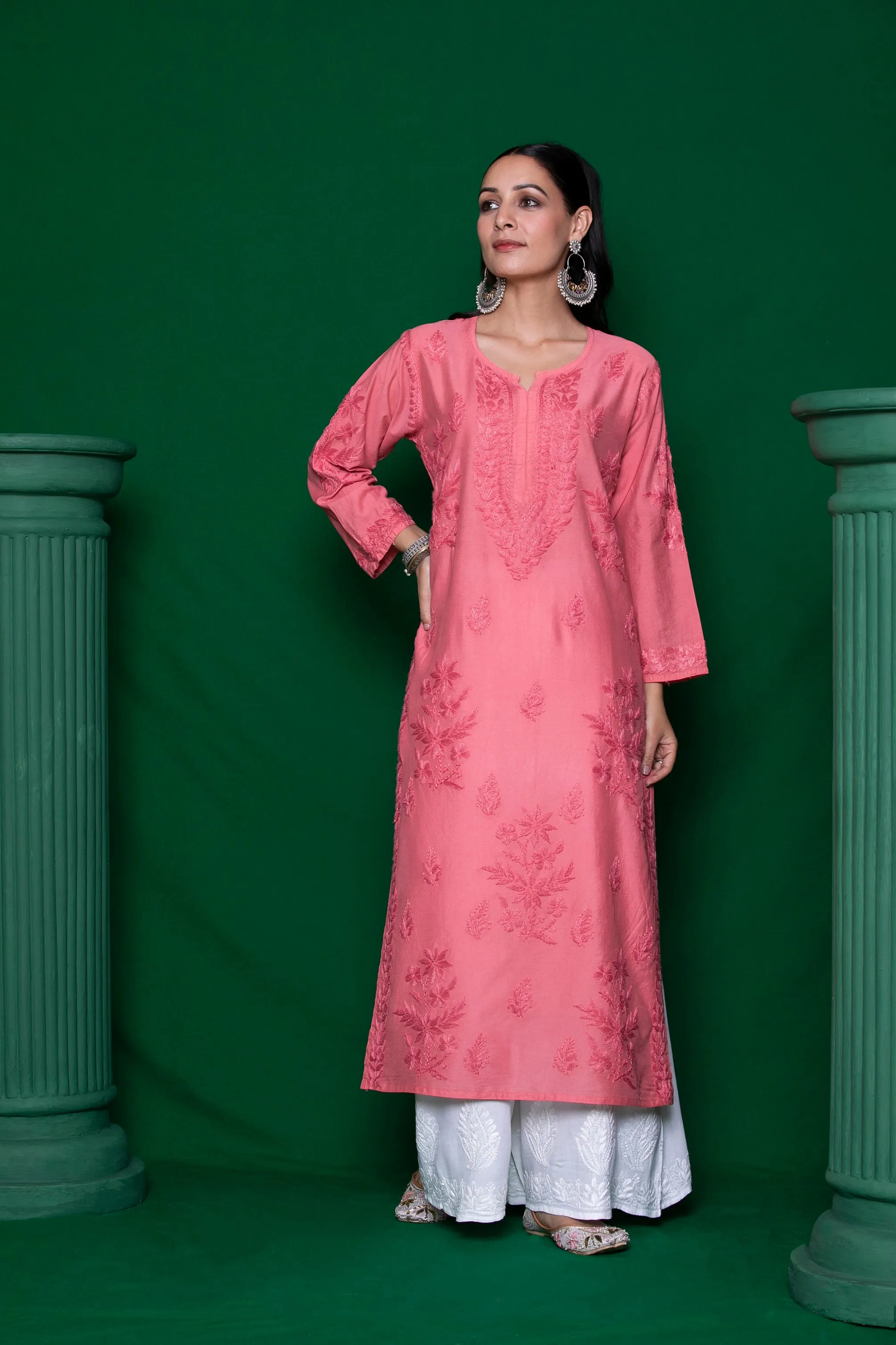 Chanderi Chikankari Solid Women's Long Kurta - Pink