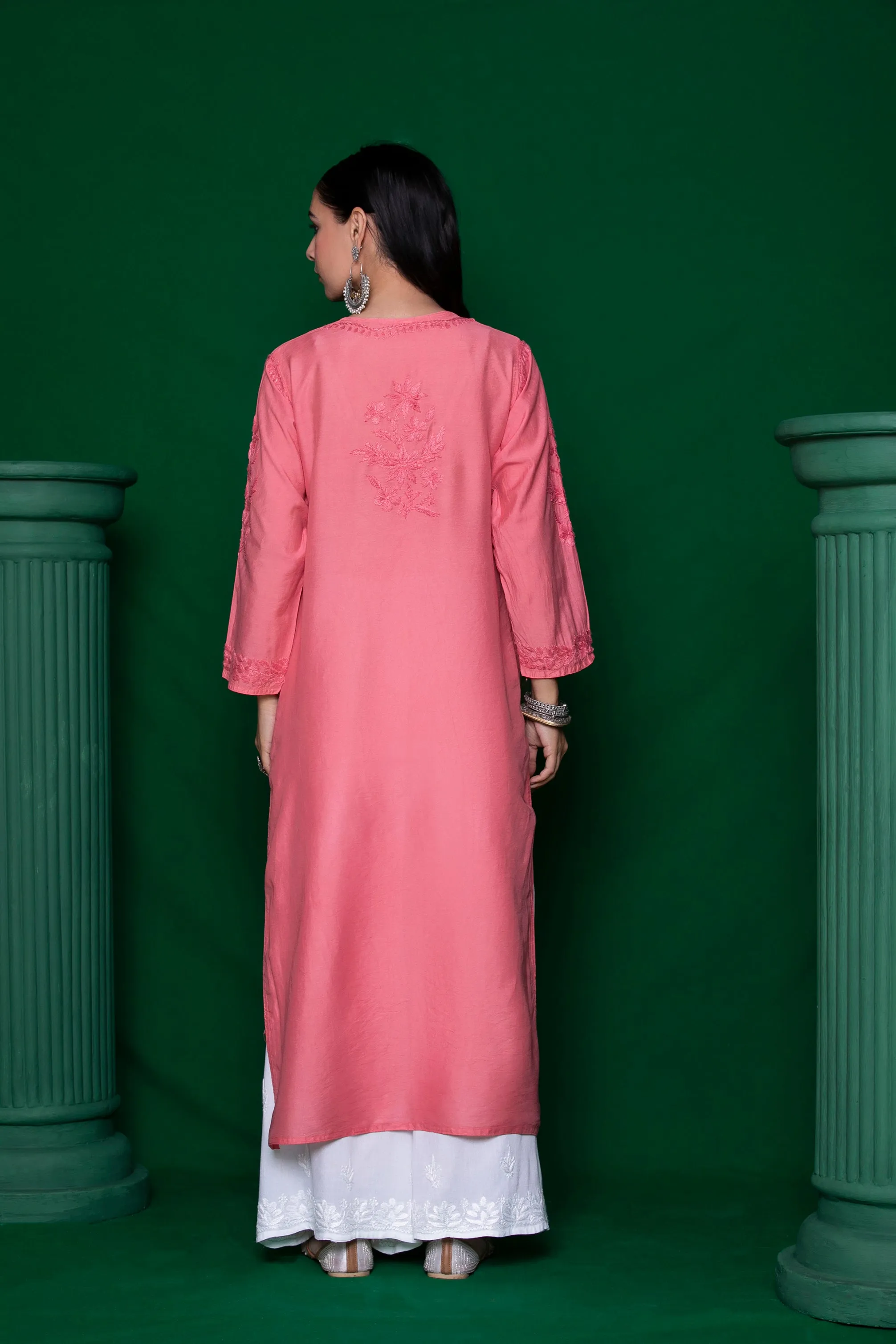 Chanderi Chikankari Solid Women's Long Kurta - Pink