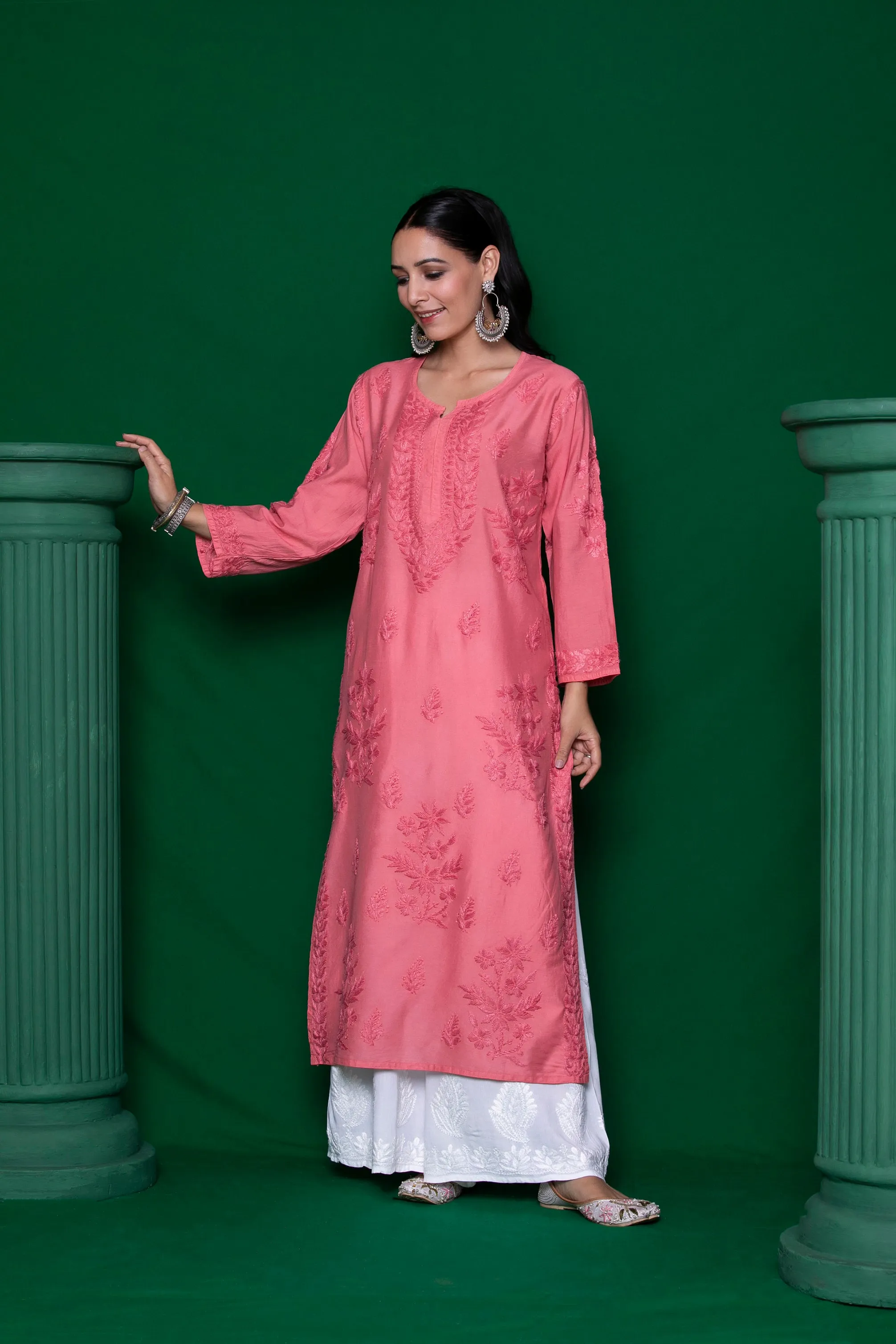 Chanderi Chikankari Solid Women's Long Kurta - Pink