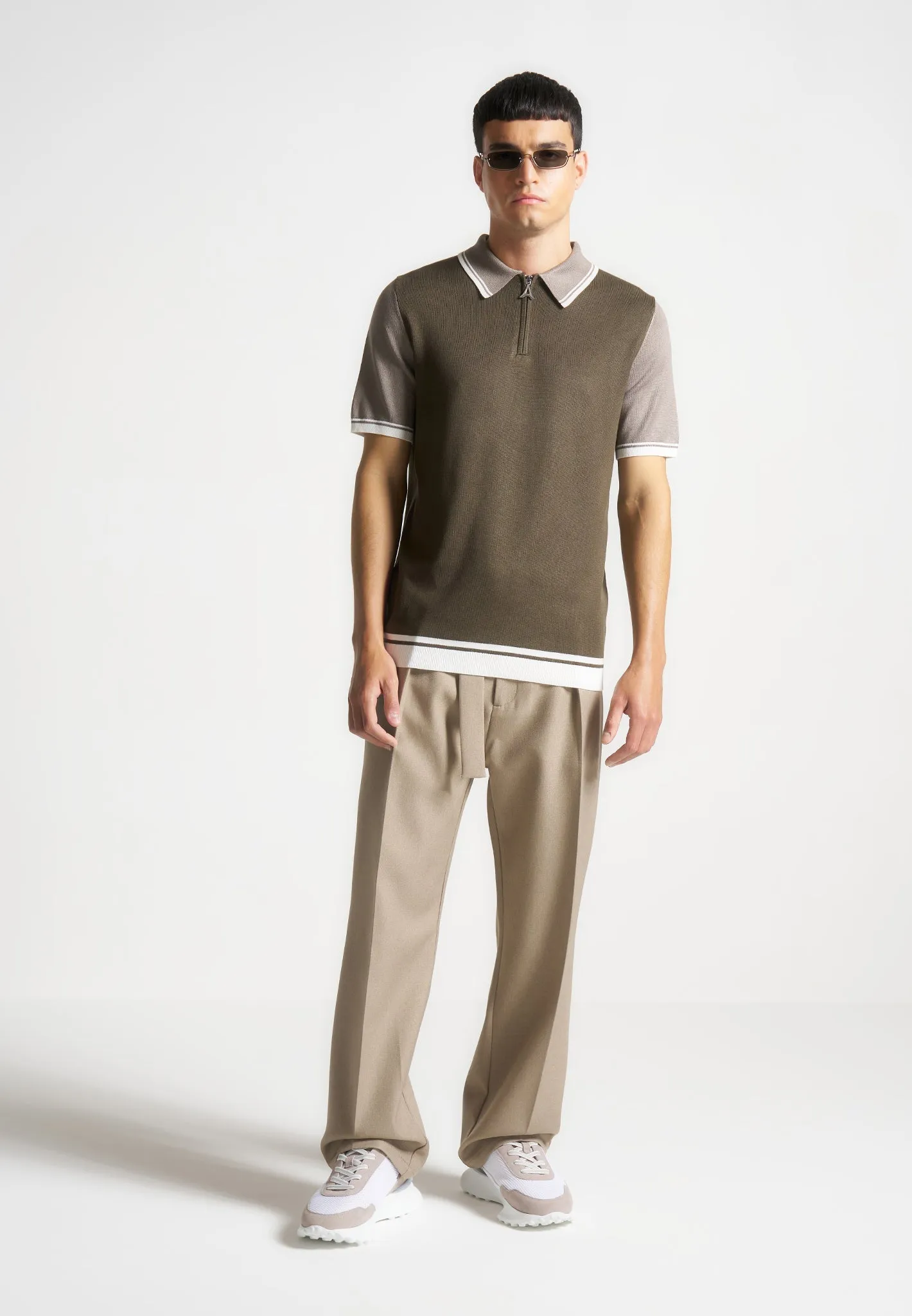 Colour Block Zip Polo Shirt - Khaki