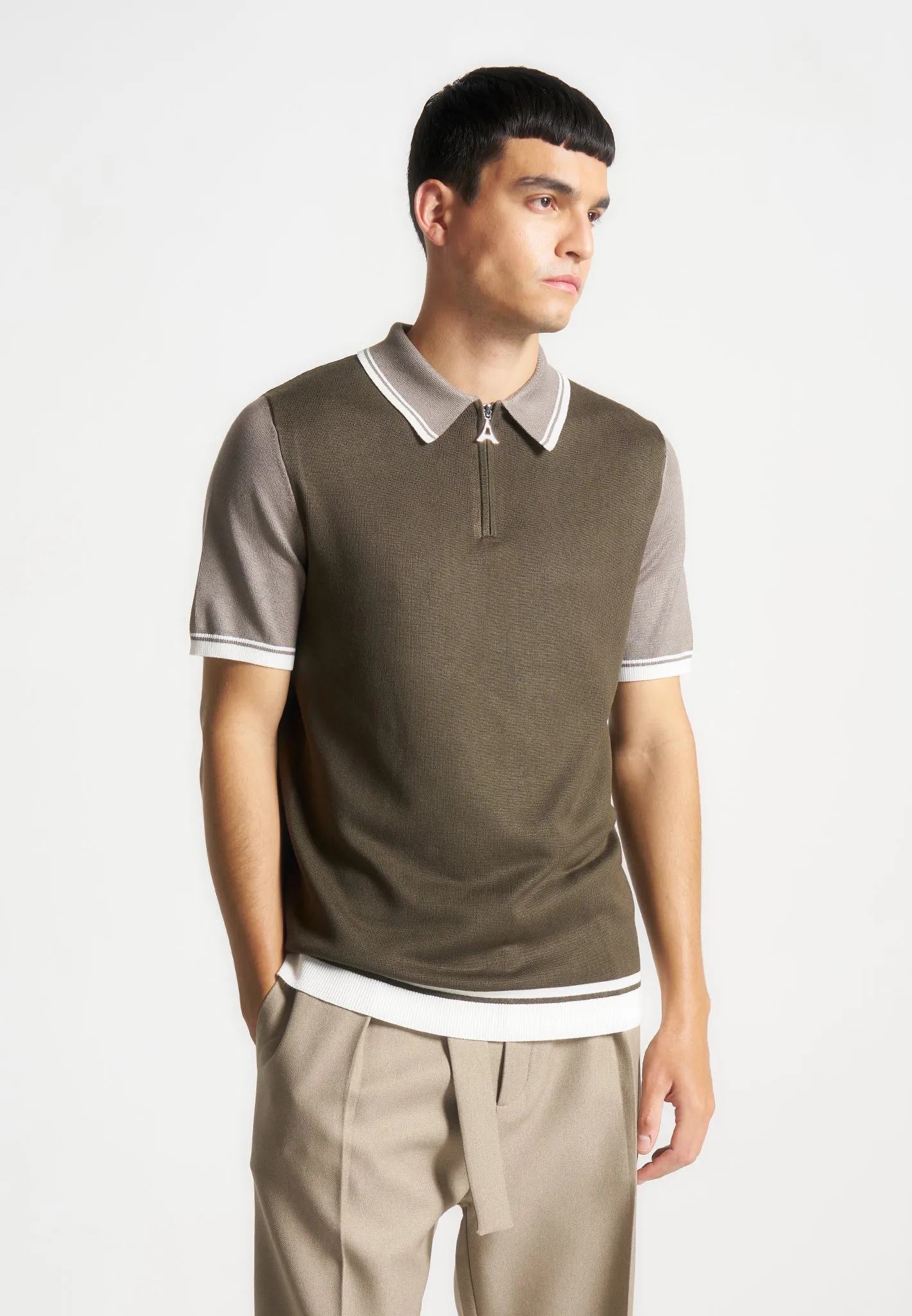 Colour Block Zip Polo Shirt - Khaki