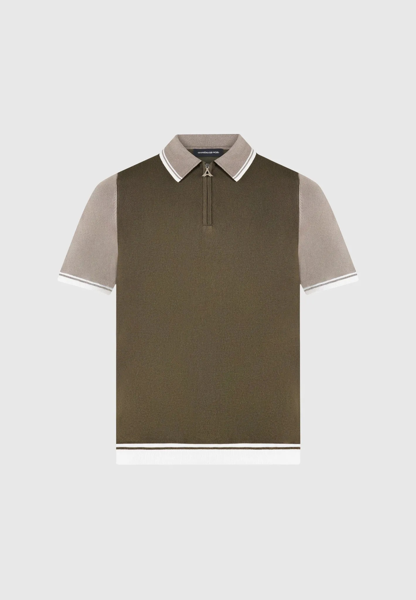 Colour Block Zip Polo Shirt - Khaki