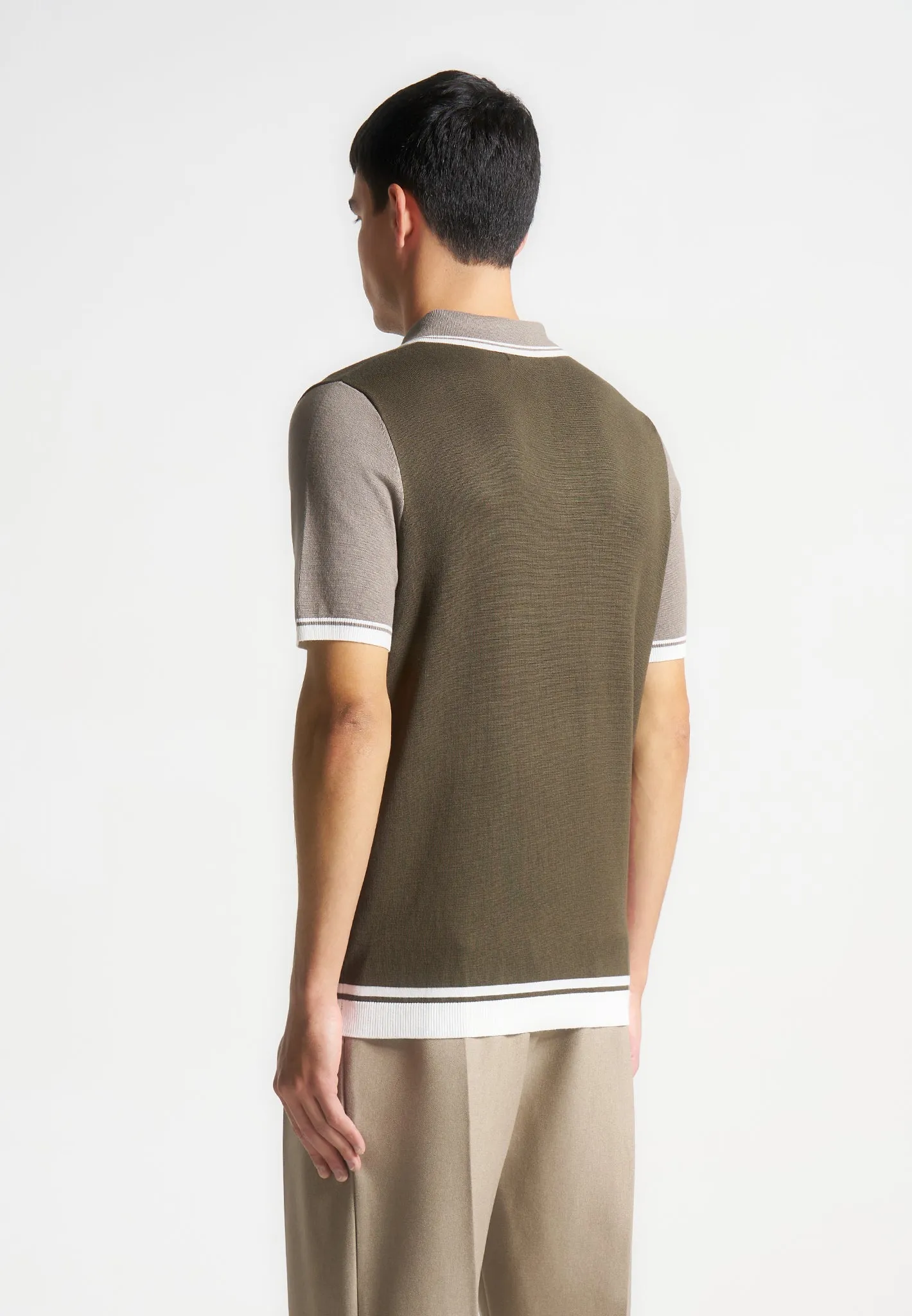 Colour Block Zip Polo Shirt - Khaki