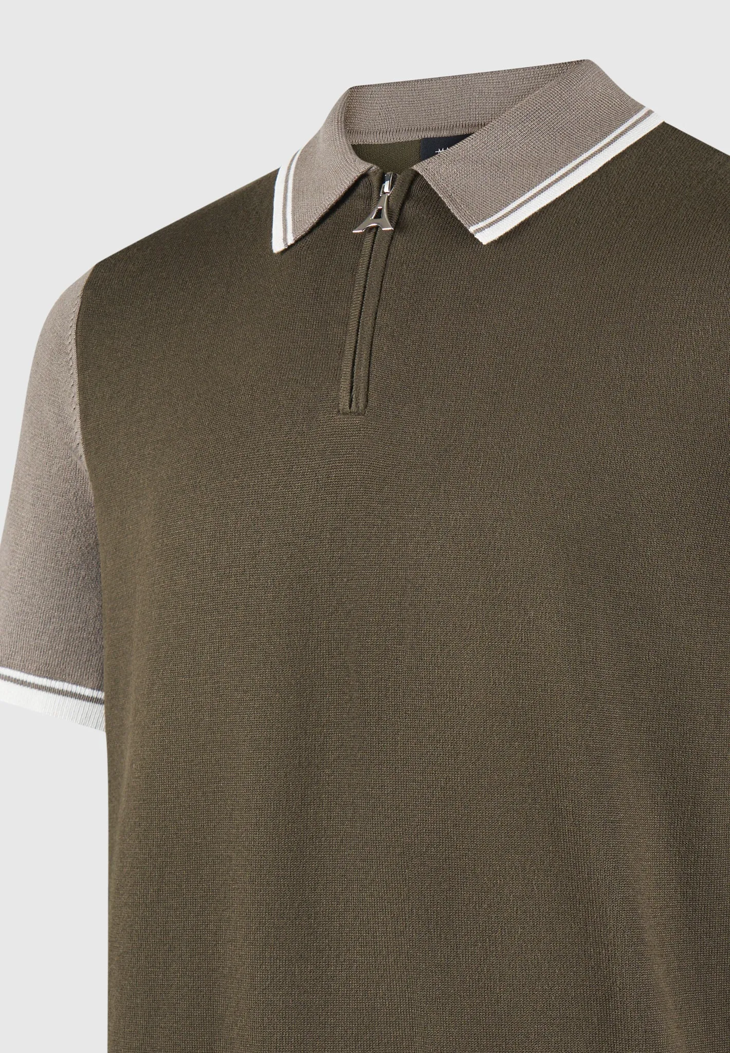 Colour Block Zip Polo Shirt - Khaki
