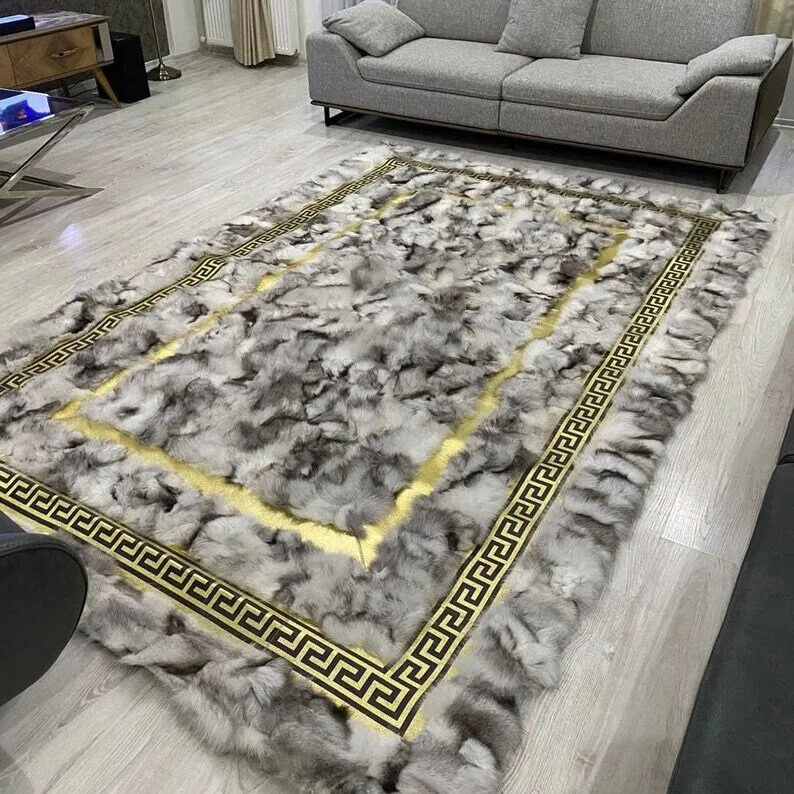 Decorative Soft White Black And Gold Real Fox Fur 6x8 Living Room Rug