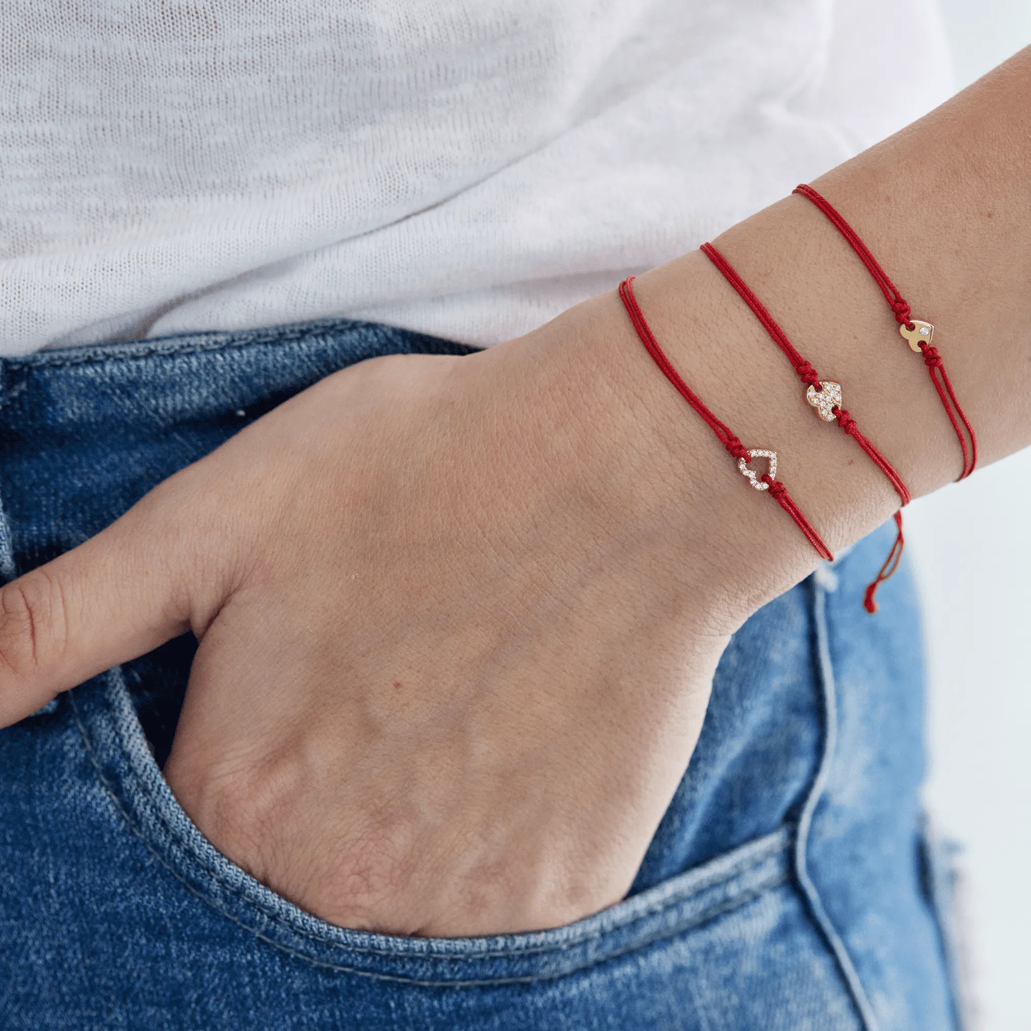 Diamond Outline Heart String of Love Bracelet - 14K Yellow Gold