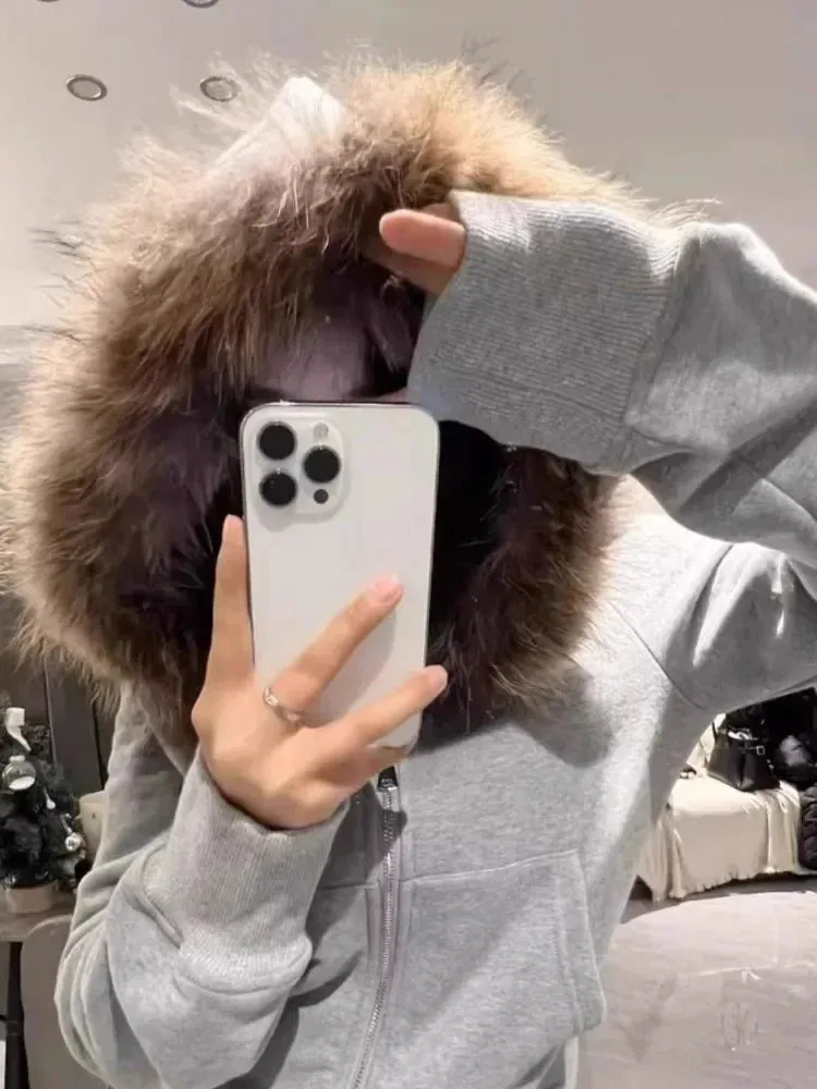 Girlary Vintage Fur Patchwork Hooded Grunge Zip Up Hoodies Women Casual All Match Korean Pocket Coats Y2k Aesthetic Gray Sweatshirts
