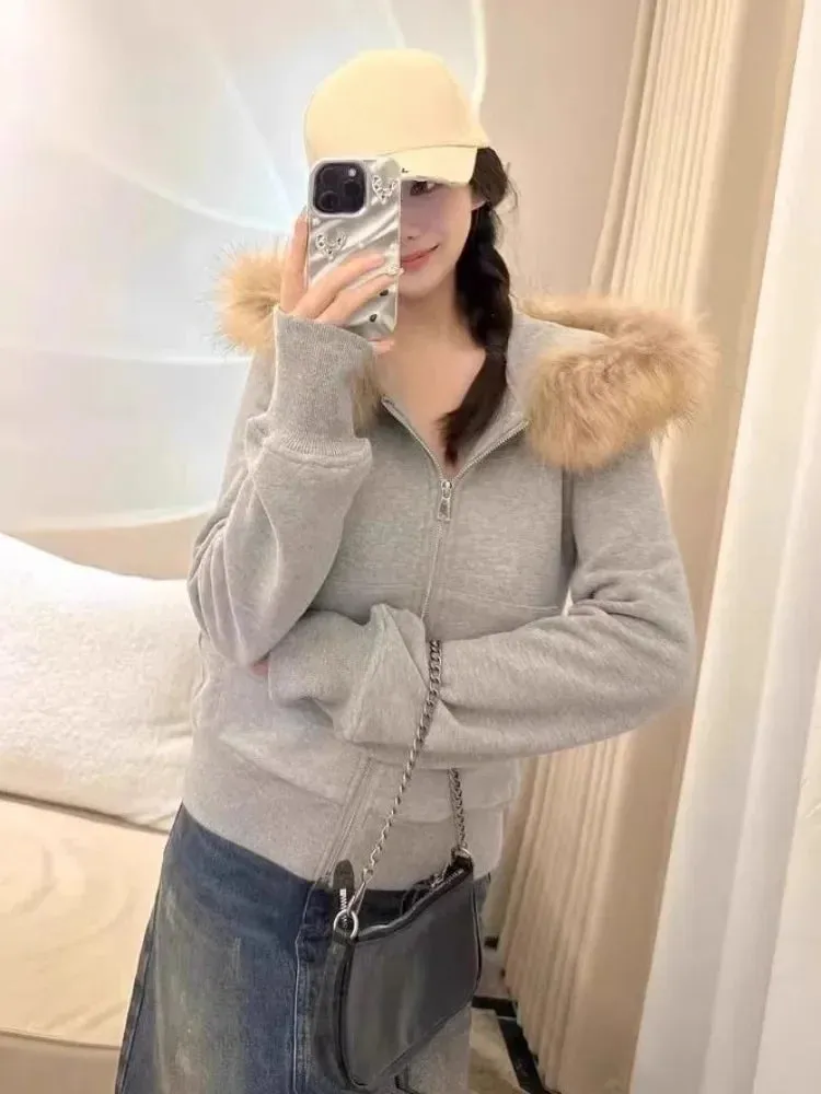 Girlary Vintage Fur Patchwork Hooded Grunge Zip Up Hoodies Women Casual All Match Korean Pocket Coats Y2k Aesthetic Gray Sweatshirts