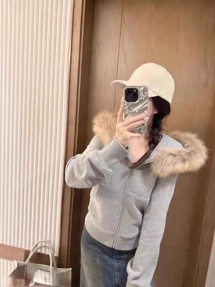 Girlary Vintage Fur Patchwork Hooded Grunge Zip Up Hoodies Women Casual All Match Korean Pocket Coats Y2k Aesthetic Gray Sweatshirts