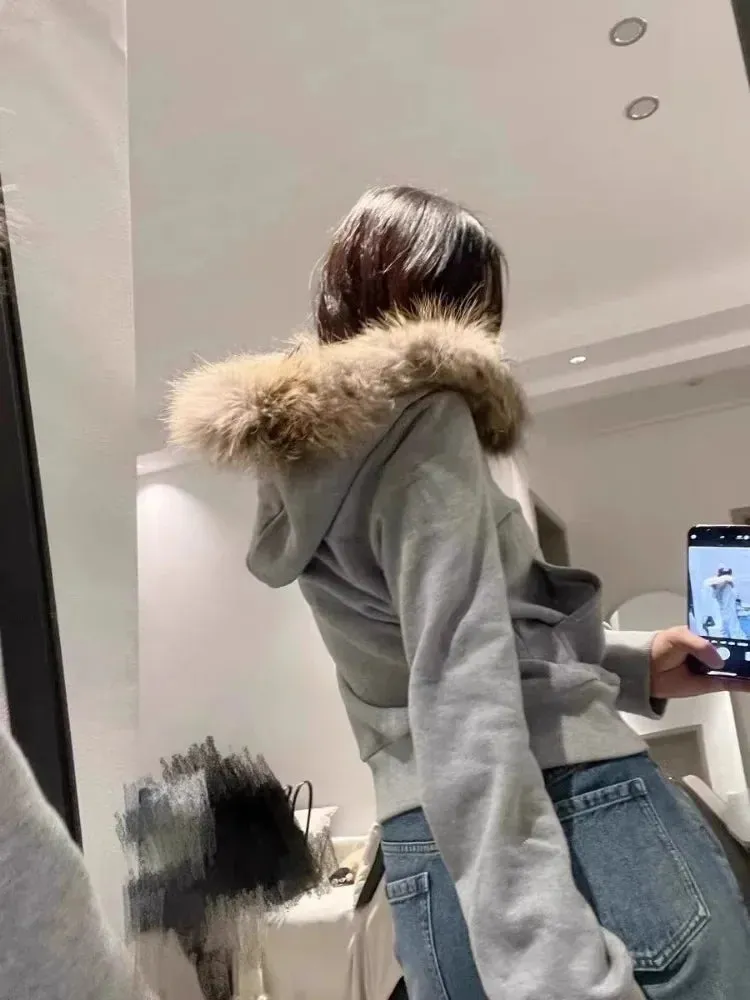 Girlary Vintage Fur Patchwork Hooded Grunge Zip Up Hoodies Women Casual All Match Korean Pocket Coats Y2k Aesthetic Gray Sweatshirts