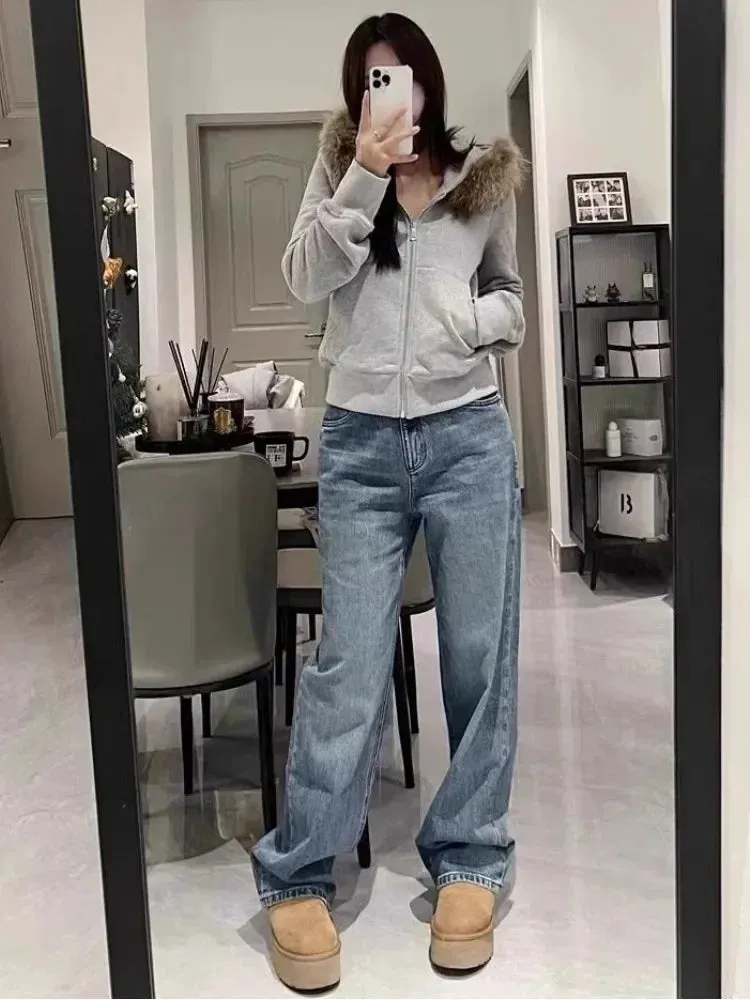 Girlary Vintage Fur Patchwork Hooded Grunge Zip Up Hoodies Women Casual All Match Korean Pocket Coats Y2k Aesthetic Gray Sweatshirts