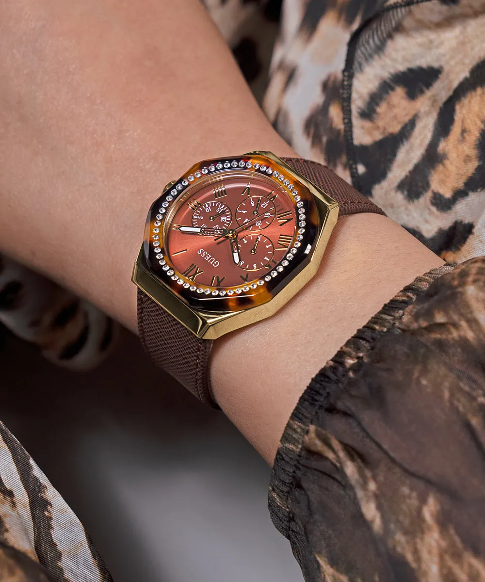 GUESS Ladies Brown Gold Tone Multi-function Watch