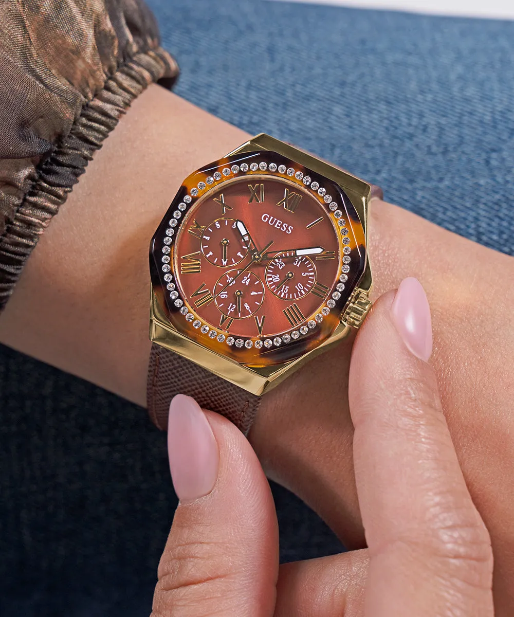 GUESS Ladies Brown Gold Tone Multi-function Watch