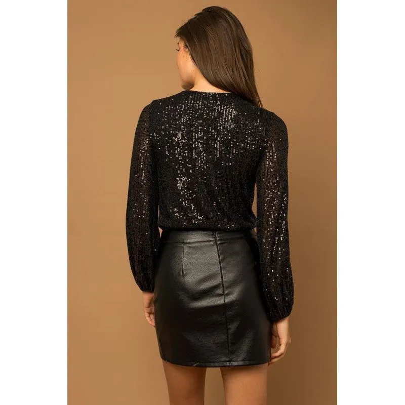 Long Sleeve Sequin Wrap Bodysuit