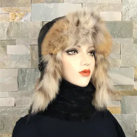 Lynx Fur Aviator Hat, Black Leather - Simon Model