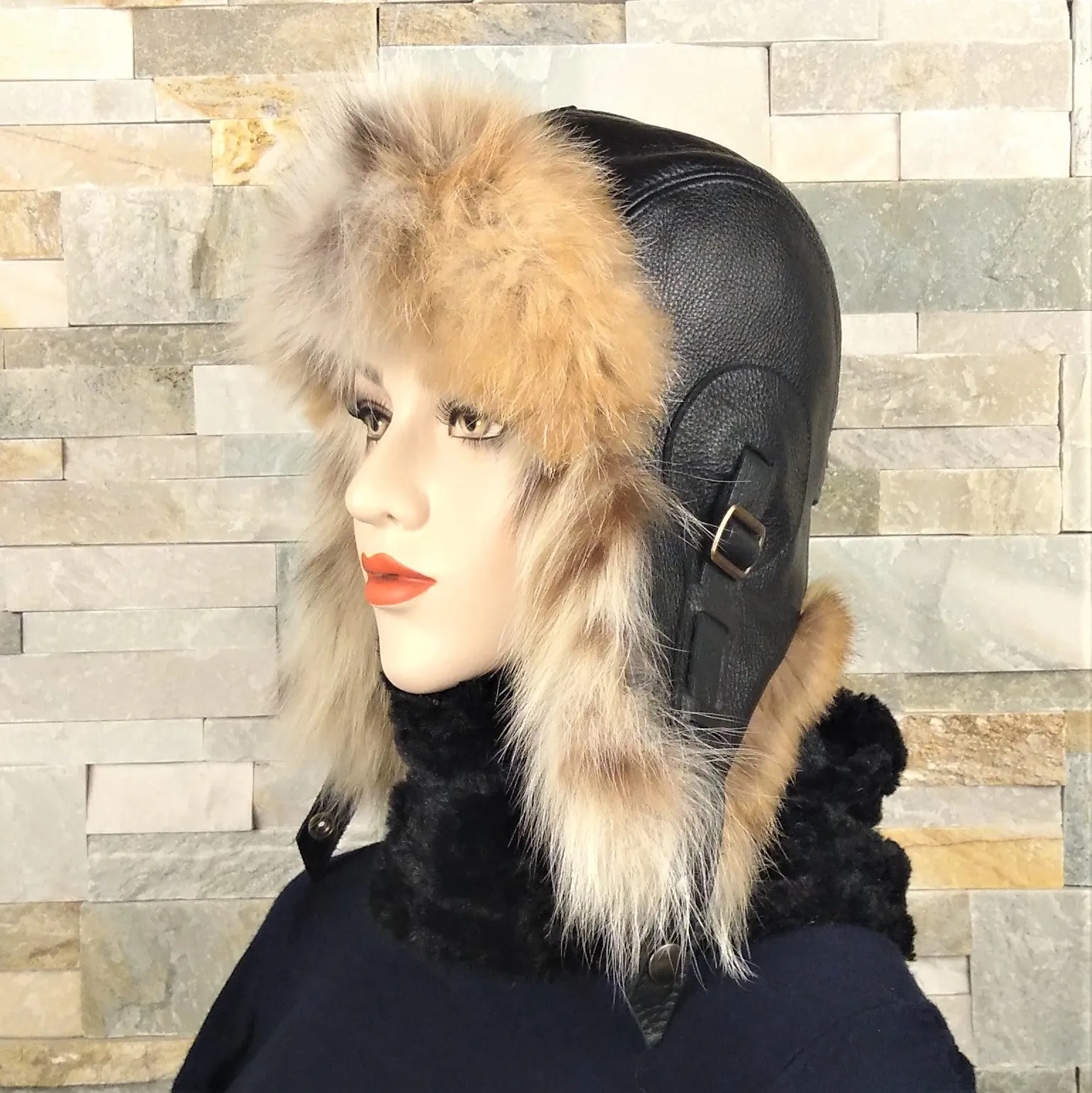 Lynx Fur Aviator Hat, Black Leather - Simon Model