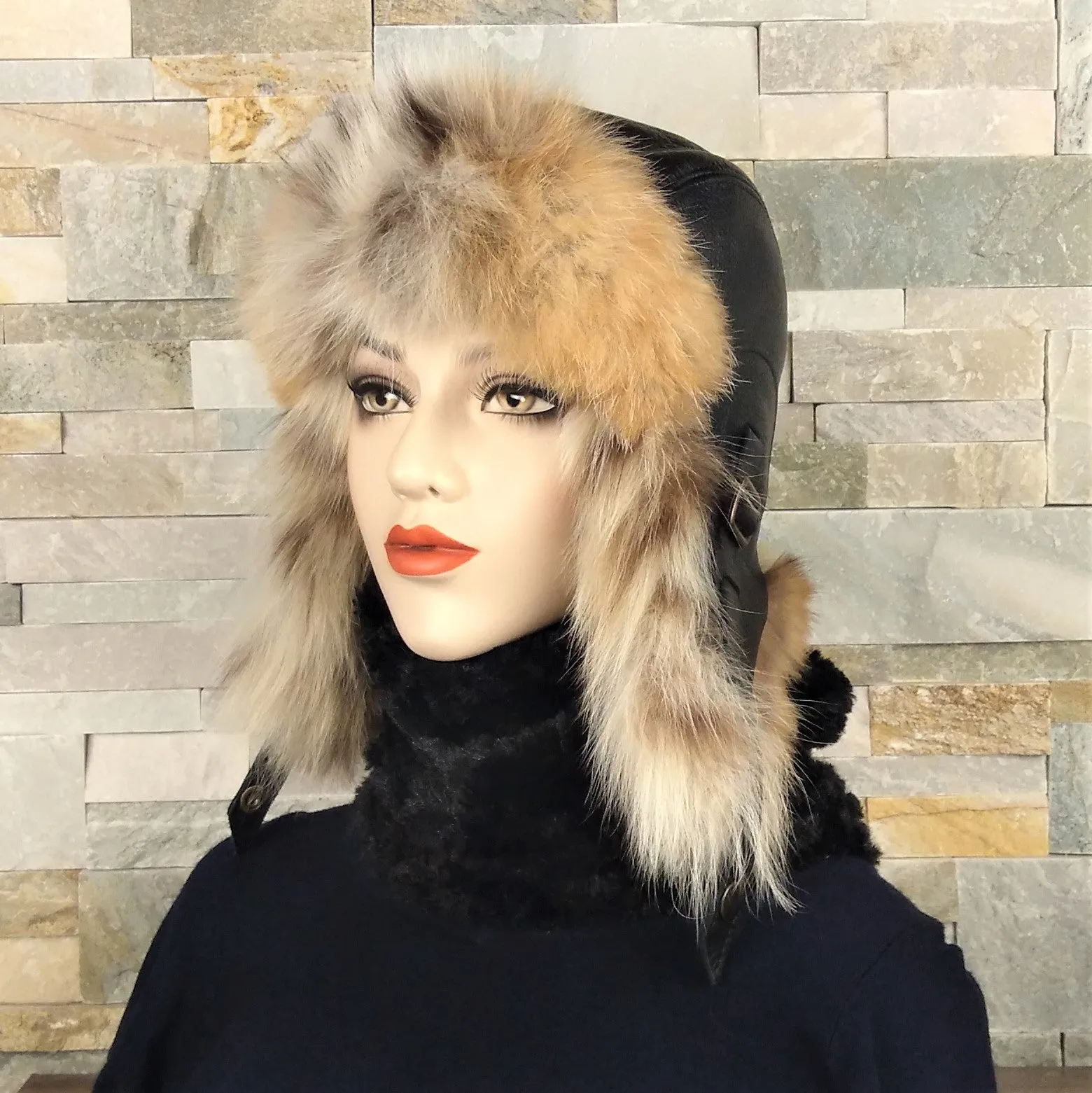 Lynx Fur Aviator Hat, Black Leather - Simon Model