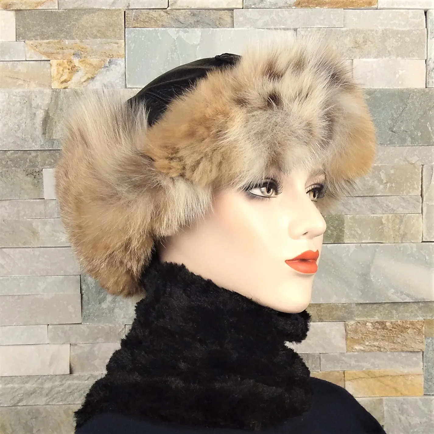 Lynx Fur Aviator Hat, Black Leather - Simon Model