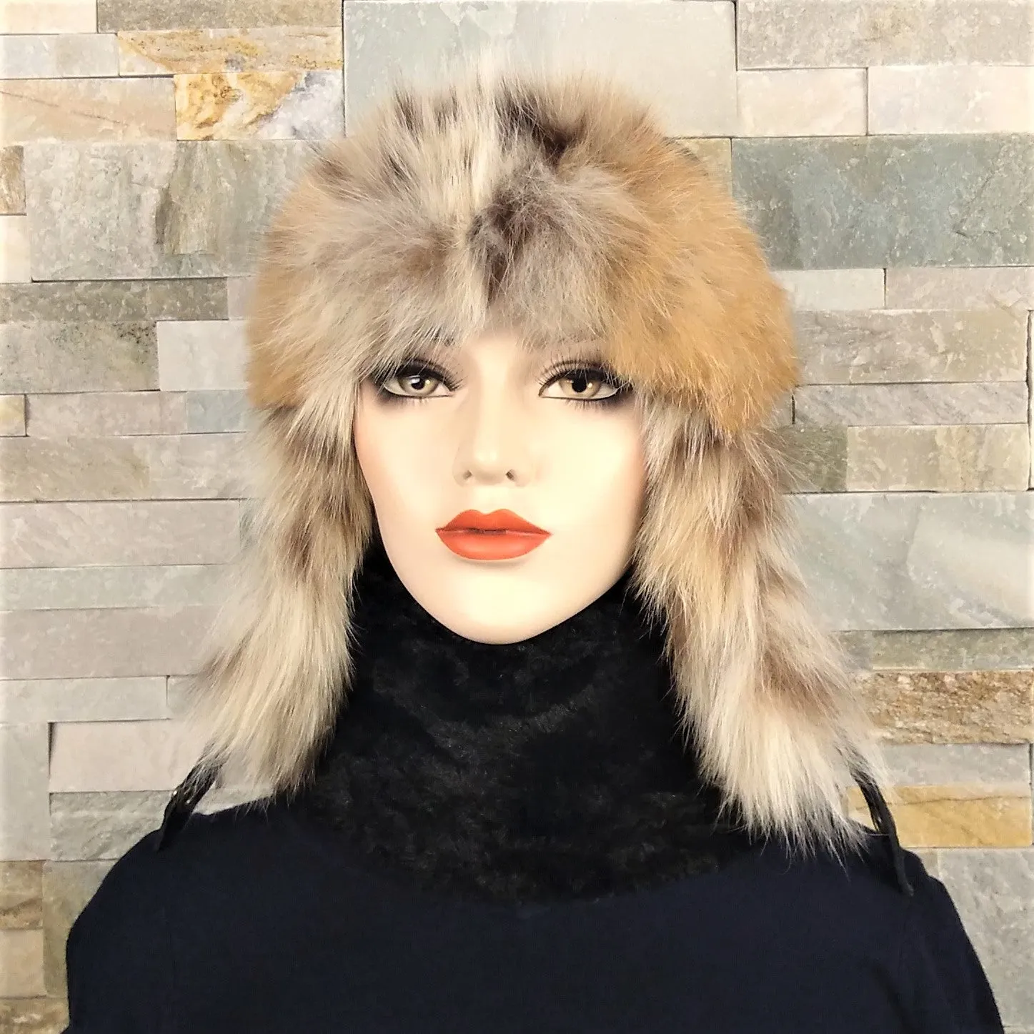 Lynx Fur Aviator Hat, Black Leather - Simon Model