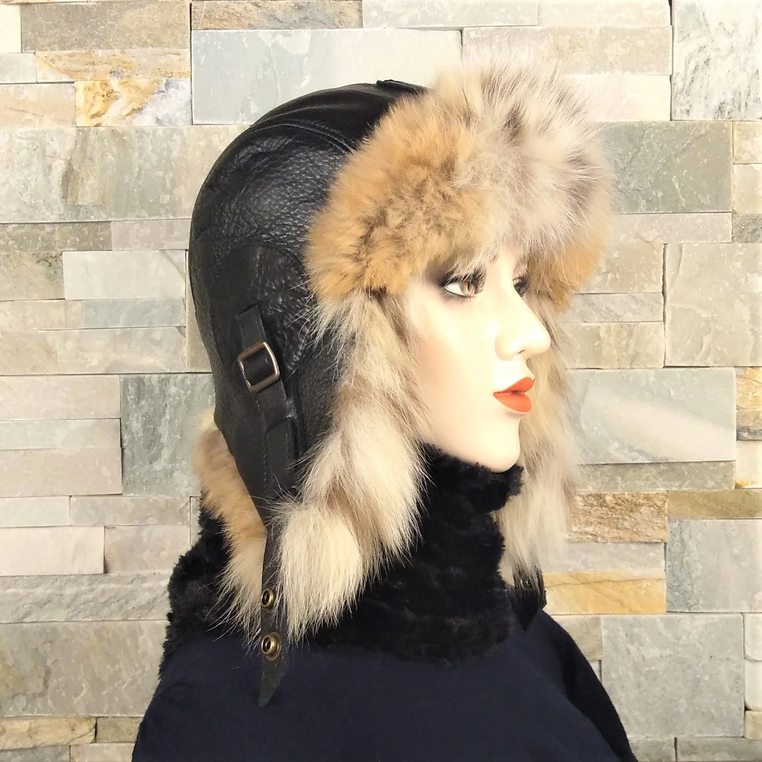 Lynx Fur Aviator Hat, Black Leather - Simon Model