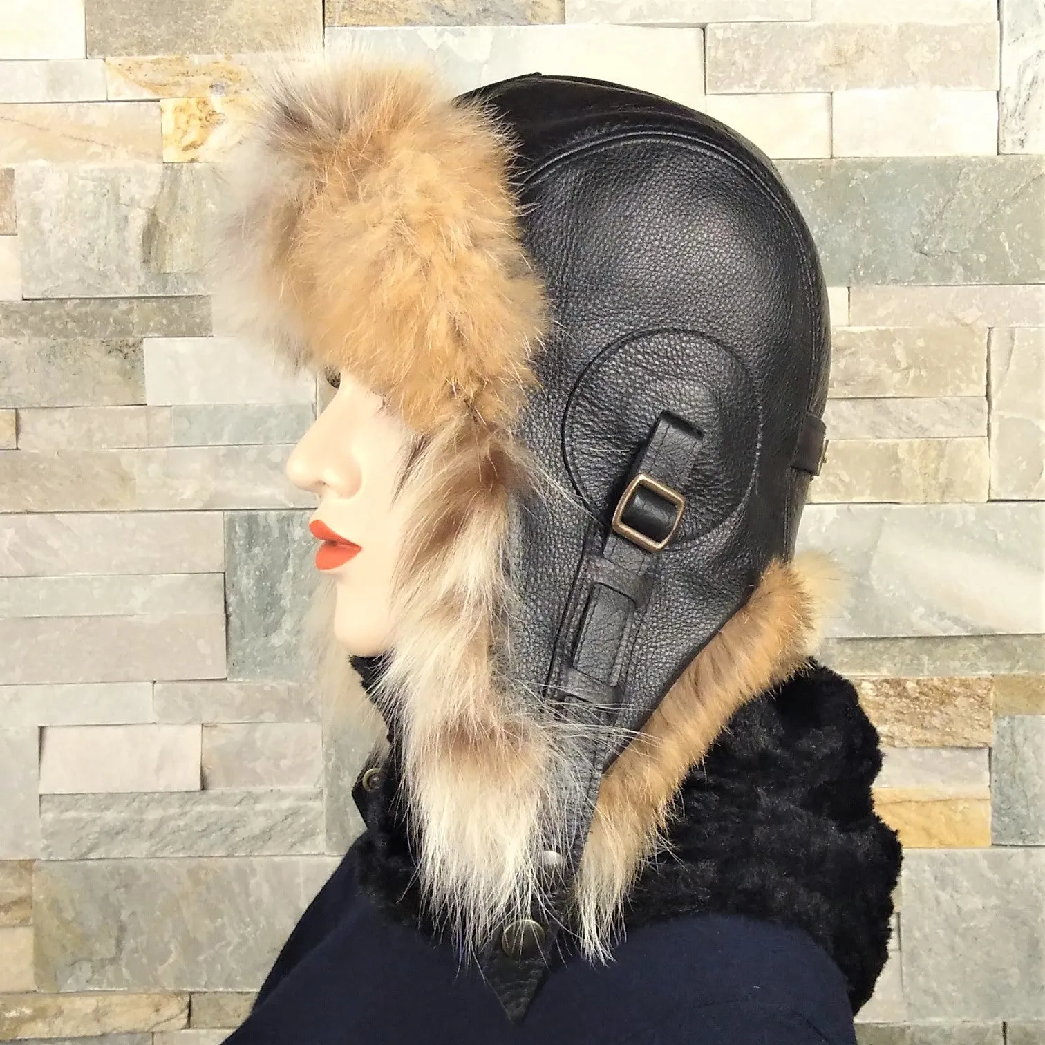 Lynx Fur Aviator Hat, Black Leather - Simon Model
