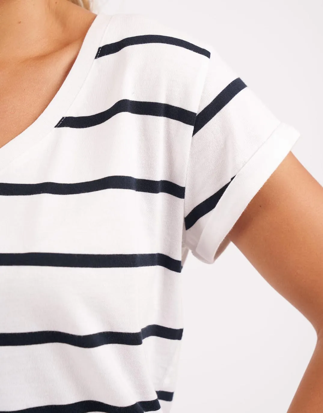 Manly Stripe Vee Tee - White/Navy Stripe
