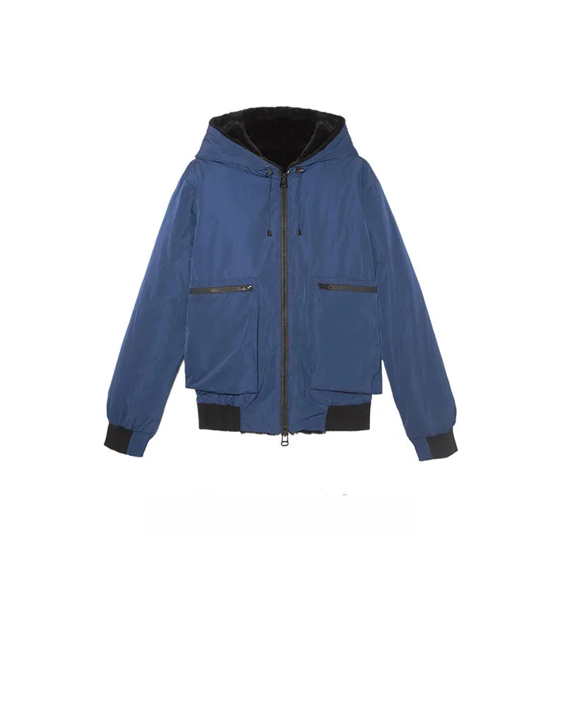 Mens Sheared Rabbit Jacket in Blue and Black